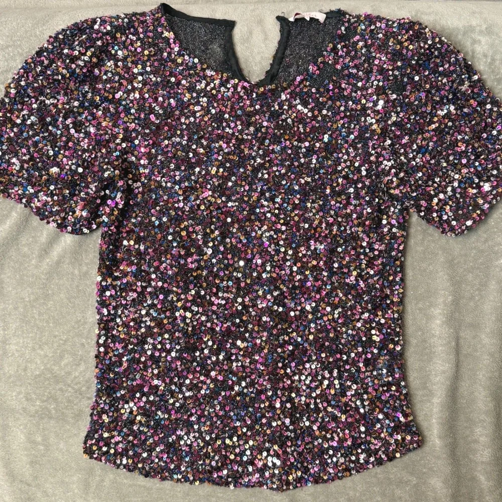 Parker All Over Colorful Sequin Top Womens XS Sheer Festive Holiday Sparkle Glam
